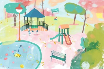 Poster - Cute Park illustration playground furniture outdoors.