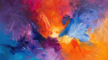 Wall Mural - this abstract oil painting features a burst of bright colors--vivid oranges, electric blues, and dee