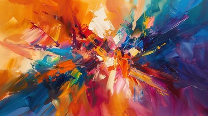 Wall Mural - this abstract oil painting features a burst of bright colors--vivid oranges, electric blues, and dee