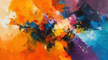 Wall Mural - this abstract oil painting features a burst of bright colors--vivid oranges, electric blues, and dee
