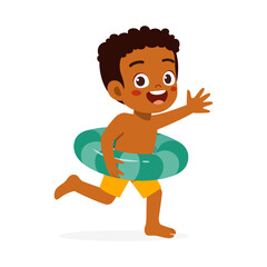 Wall Mural - little kid running and wear swim ring