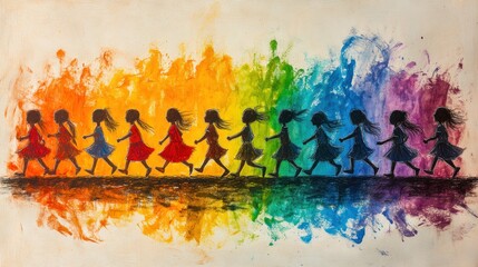 Colorful silhouettes of children running against a vibrant background.