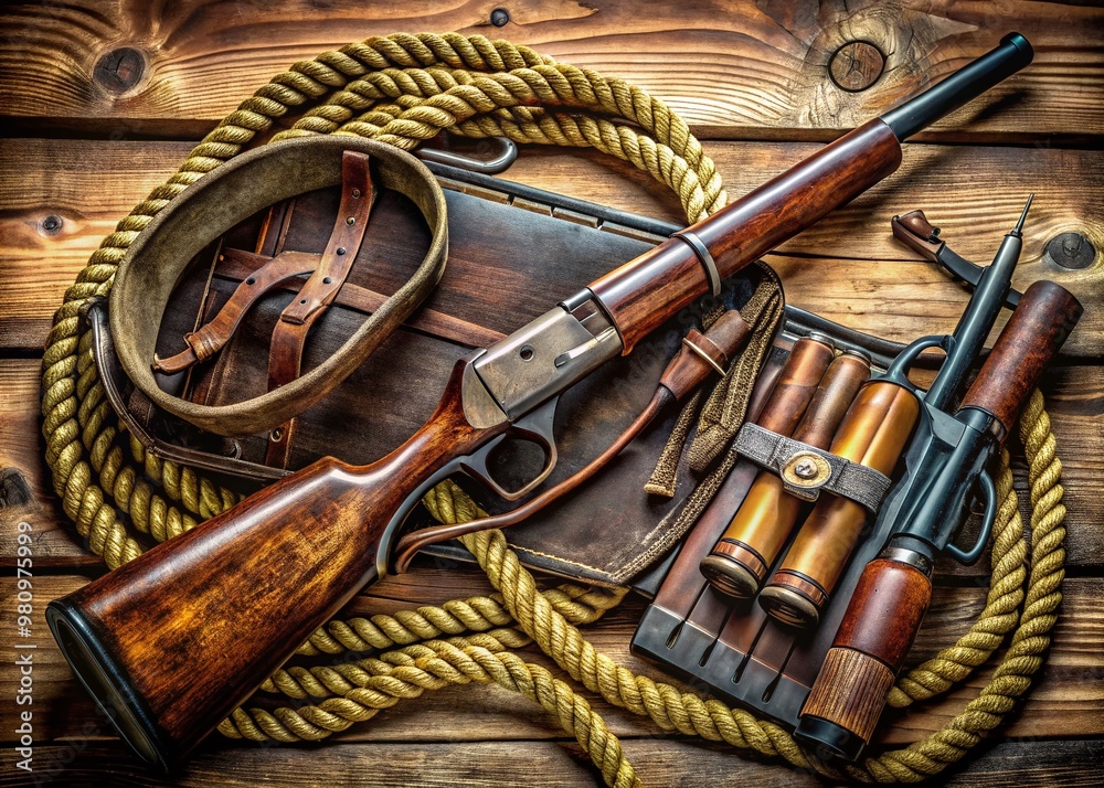 Worn Rifling Rugged, worn, and chambered lever-action rifle resting on a wooden ...