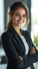 Successful gen z businesswoman exuding confidence and professionalism, smiling in office with arms crossed as a strong leader and entrepreneur