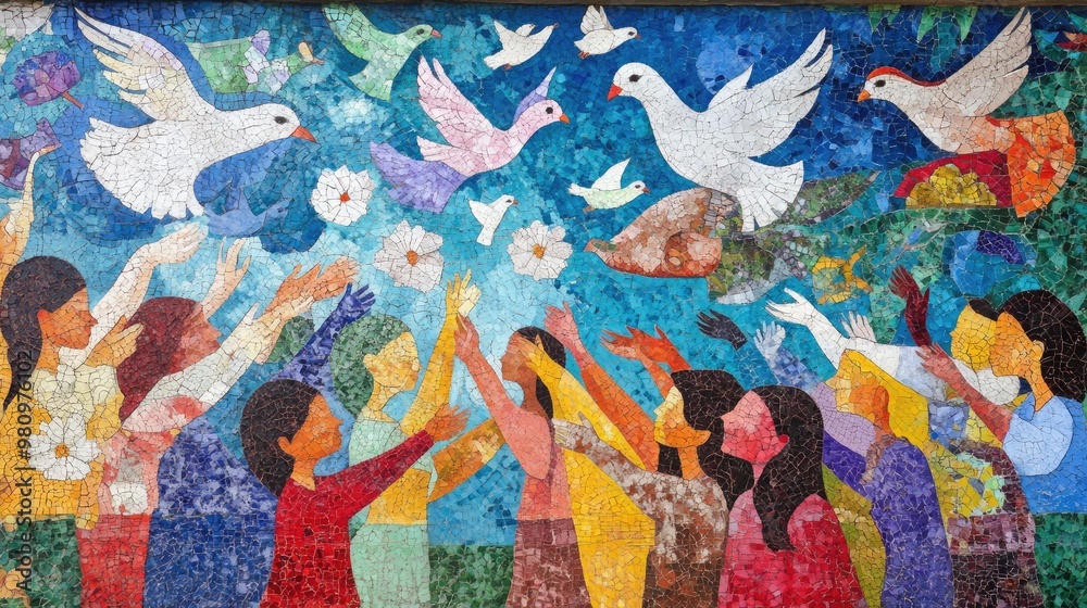 Colorful mural depicting peace, unity, and equality, with people of ...
