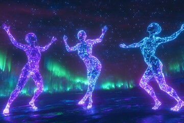 Wall Mural - Three glowing figures in a mystical landscape with the Northern Lights.