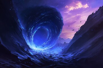 Poster - A swirling portal to a mystical land, seen between two mountains with a starry sky overhead.