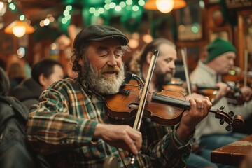 musicians performing traditional Irish music in a cozy pub setting for St. Patrick's Day