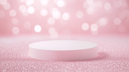 White podium on a pink glitter background with bokeh lights for product presentation, cosmetic or beauty products display