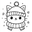 © EvaMur - Cute cat in a hat and scarf, black and white drawing for a children's coloring book.