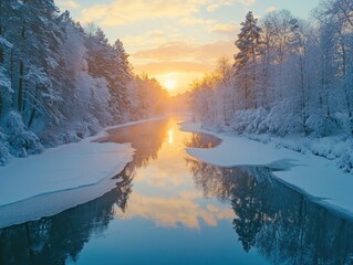 Wall Mural - snowy forest river