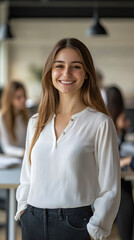 Wall Mural - Confident young businesswoman smiles as she stands in a modern office with hands in pockets while coworkers work in the background