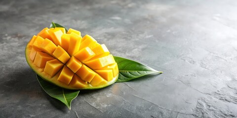 Aufkleber - Fresh slice cut juicy mango on gray table background with leaf, mango, fruit, juicy, slice, fresh, tropical, sweet, yellow