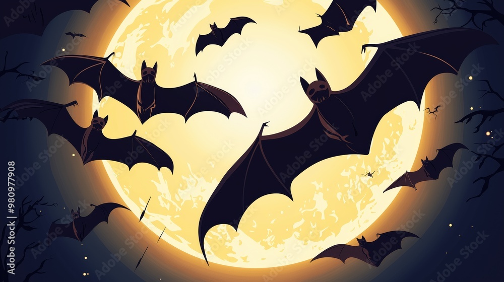 A spooky illustration of bats flying in front of a full moon, perfect ...