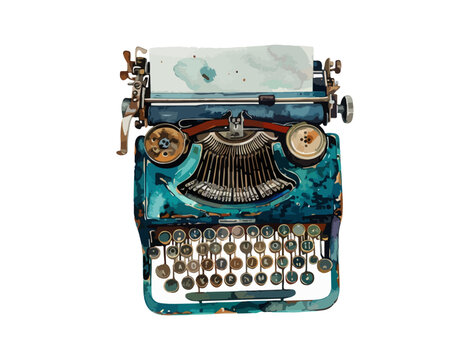 Vintage blue typewriter isolated on white background, retro technology and writing concept