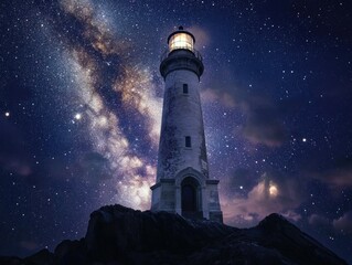 Lighthouse on Rock at Night