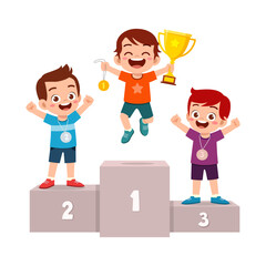 Sticker - little kid win game and holding trophy