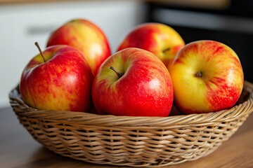 Wall Mural - A wicker basket overflowing with fresh, vibrant red and yellow apples, symbolizing health and abundance.