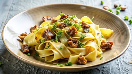 Gourmet dish of pappardelle with braised leeks and crispy porcini pangrattato , gourmet, pappardelle, braised, leeks