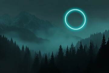 Night view, smoke, smog, neon light, moon. Mystic fantasy landscape covered in black forest. 3d illustration.