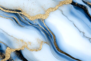 Using alcohol ink, a marble texture was created with abstract blue, white, glitter and gold colors