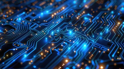 Poster - this abstract technology background features an intricate network of illuminated circuit paths and d