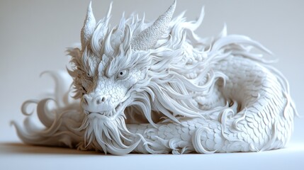 Elegant white dragon sculpture with intricate details and textures.