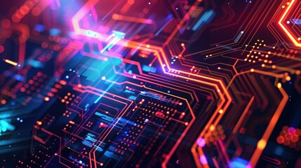 Poster - This abstract technology background showcases a blend of geometric shapes and glowing circuit patterns