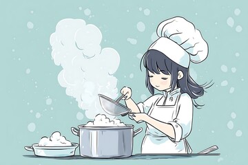 Sticker - Young Female Chef Straining Food in a Pot with Steam Rising.