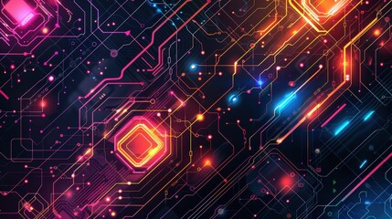 Poster - This abstract technology background showcases a blend of geometric shapes and glowing circuit patterns