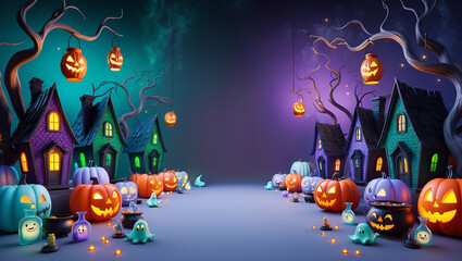 A whimsical Halloween scene with jack-o'-lanterns, twisted trees, haunted houses, cauldrons, lanterns, and crescent moons, set in a foggy, mystical atmosphere.