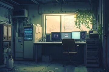 Poster - A dimly lit, abandoned office space with computer monitors, a desk, and a chair.