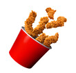 © Mo Artist - Title: Fried Chicken hot crispy strips crunchy pieces of tenders in a Bucket - large Red box isolated in white background