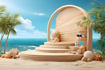 Wall Mural - Beach podium background product summer sand display stand sea cosmetic. Product summer background Generative AI