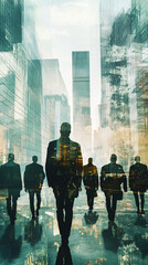 Wall Mural - Businessmen walking in a modern cityscape with a double exposure effect