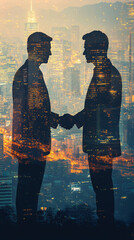 Poster - Two businessmen shaking hands with a cityscape double exposure effect, symbolizing partnership and urban business