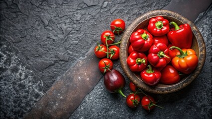 Wall Mural - Red peppers and tomatoes in granite bowl on dark background, red peppers, tomatoes, vegetables, granite bowl, dark background