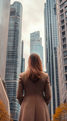 Aufkleber - Businesswoman standing in front of tall buildings is looking up at the city skyline