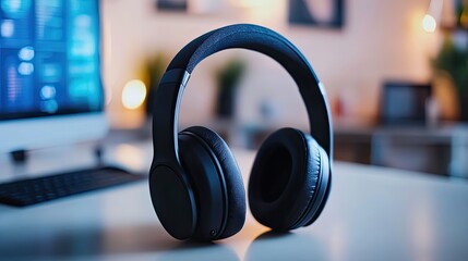 A modern headset with noise-canceling technology, resting on a desk