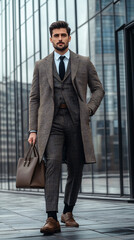 Man in a business suit walks with a leather bag outside an office building