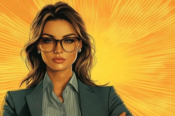 stylized illustration of empowered businesswoman bold graphic style with limited color palette confident pose professional attire symbol of female leadership