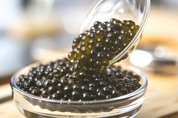 Wall Mural - Pour red caviar into a glass bowl, close-up