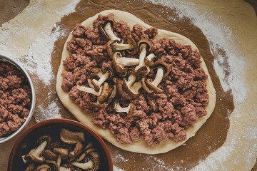 Raw dough with minced meat and fried mushrooms