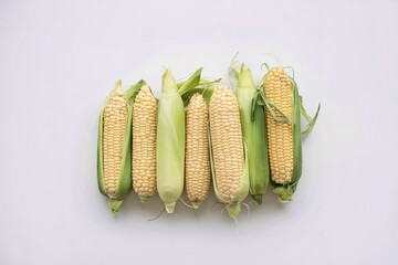 Row of fresh raw corns on white background