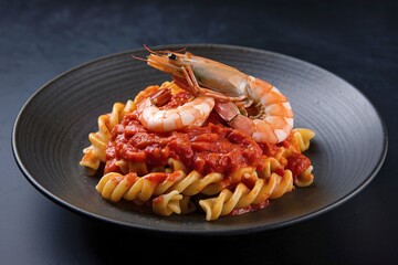 Tasty appetizing gourmet pasta with tomato sauce and shrimps