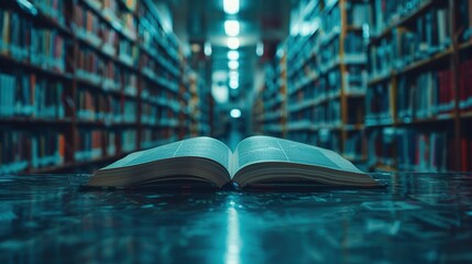 An open book rests on a table in the middle of a brightly lit library aisle, surrounded by shelves filled with numerous books and extending into the distance