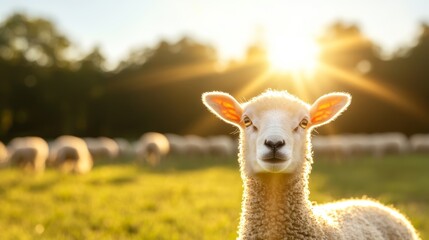 A flock of sheep scattered in a sunlit pasture, with one sheep looking directly at the camera, symbolizing the peaceful joy of a warm countryside day.