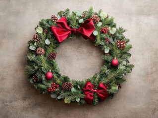 Wall Mural - Vertical frame of a festive wreath adorned with ribbons, ornaments, and evergreen sprigs