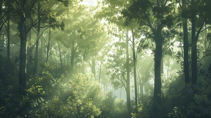 Poster - This background design features a tranquil forest scene with soft, dappled light filtering through trees