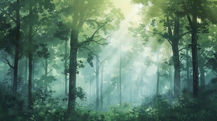 Poster - This background design features a tranquil forest scene with soft, dappled light filtering through trees
